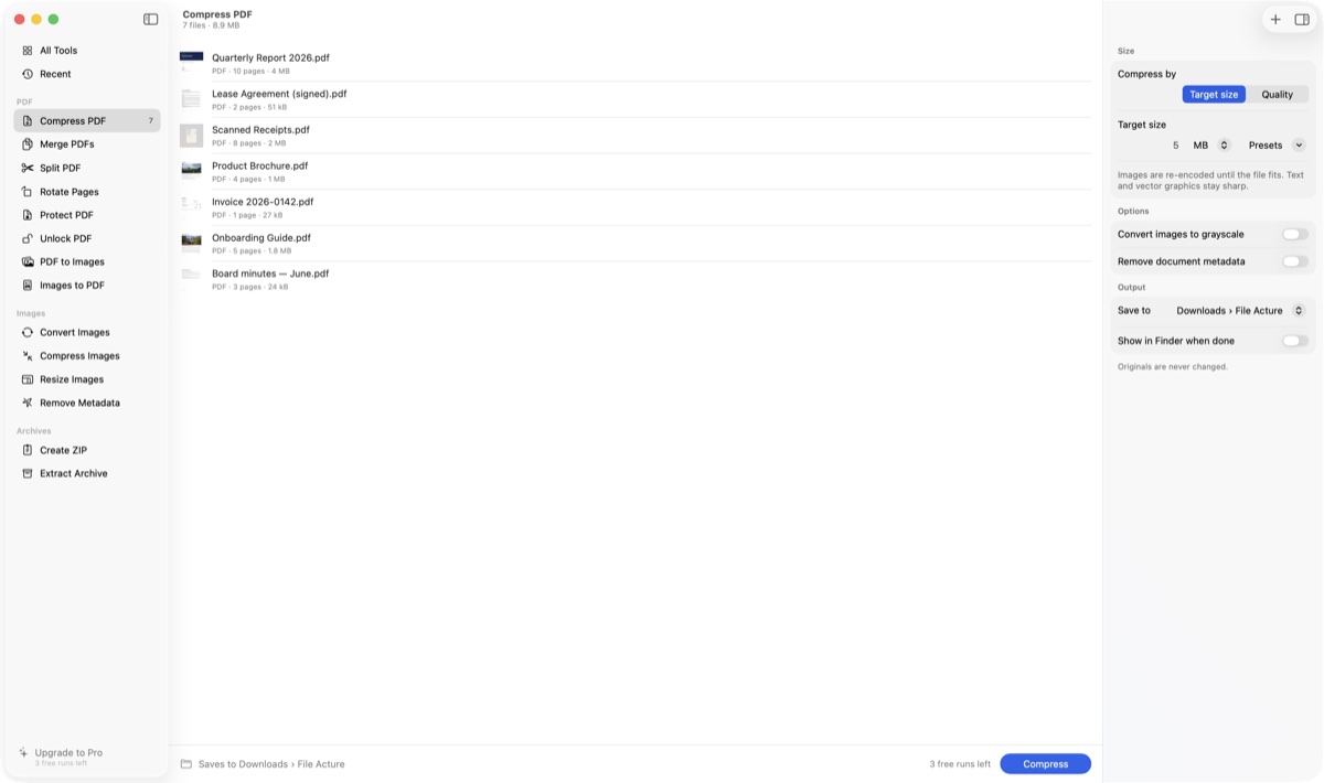 File Acture compressing three PDFs to a 5 MB target size